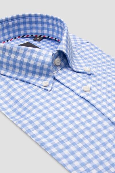 Abbate Luca Twill Cotton Comfort Fit Light Blue Button down Collar Men's Checkered Shirt