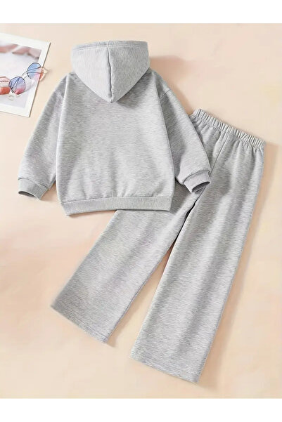 MORNİNG KİDS Girl's Gray Hooded Zippered Cardigan Sweatshirt-Gray Loose Fit Tracksuit Set