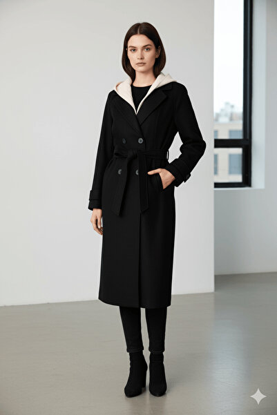 cemo Women's Hooded Belted Buttoned Coat