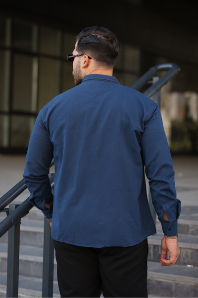 comstar Men's Slim Fit Pocket Basic Long Sleeve Navy Blue Denim Shirt