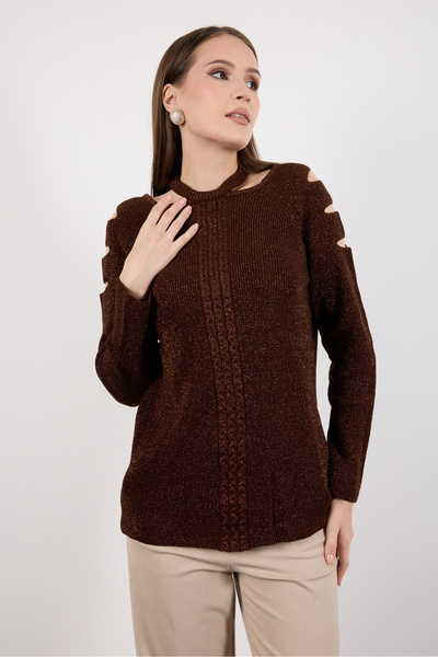 Moda Days Women's Bitter Brown Shoulder Cut-Out Detailed Raglan Sleeve Glitter Knit Sweater
