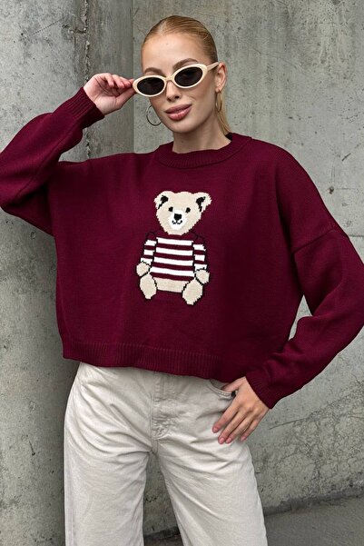 VAGGON Γυναικείο πουλόβερ με λαιμόκοψη μπορντό με τύπωμα πλεκτό πουλόβερ Vs01422