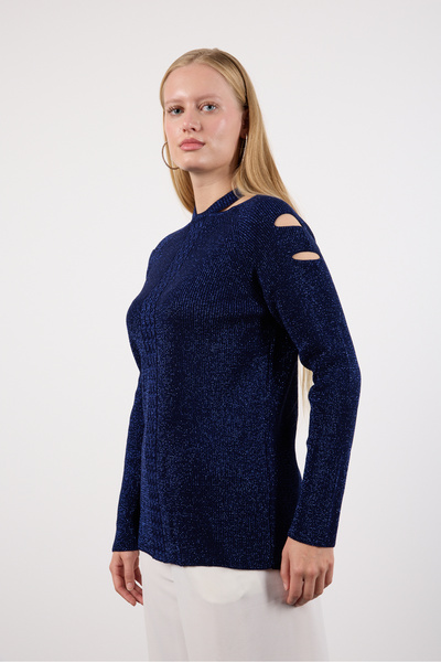 Moda Days Women's Dark Navy Shoulder Cutout Detailed Raglan Sleeve Glitter Knit Sweater