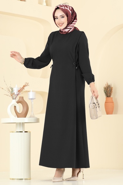 ModaMerve Beli Bağcıklı Dabıl Elbise 5110ERK1158-MS Siyah