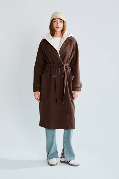 cemo Women's Hooded Belted Buttoned Coat