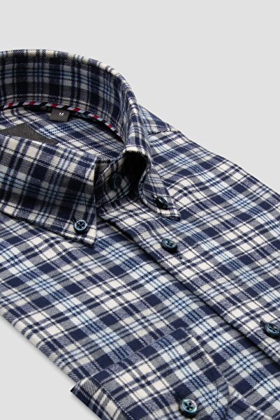 Abbate Ανδρικό καρό πουκάμισο Luca Flannel από βαμβακερό μείγμα Comfort Fit Navy Blue με κουμπιά στο γιακά