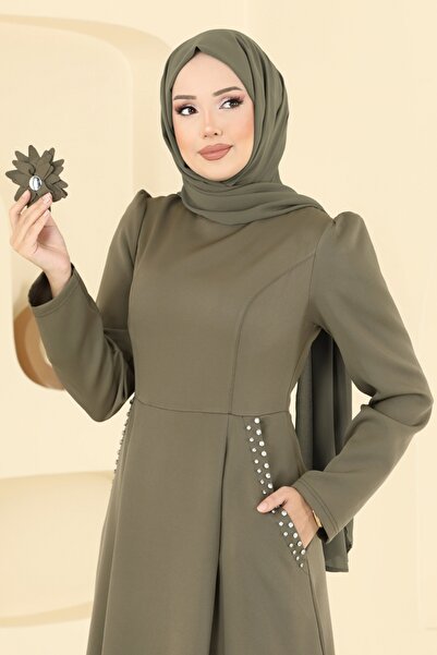 ModaMerve Taş Detay Çiçek Aksesuarlı Elbise 2741SL432-MS Haki