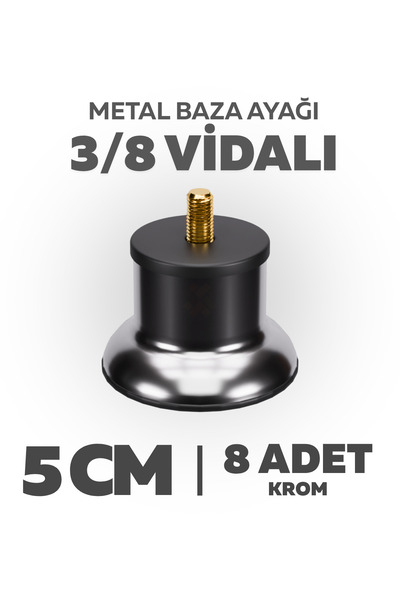 wooden lane studio Baza Ayağı 5 Cm 3/8 Vidalı 8’li Set Metal Krom Yatak Mobil...