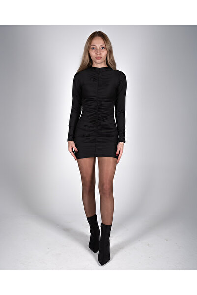 OZHE Siyah Uzun Kollu Büzgülü (Drapeli) Mini Elbise - Dik Yaka Vücuda Oturan ...