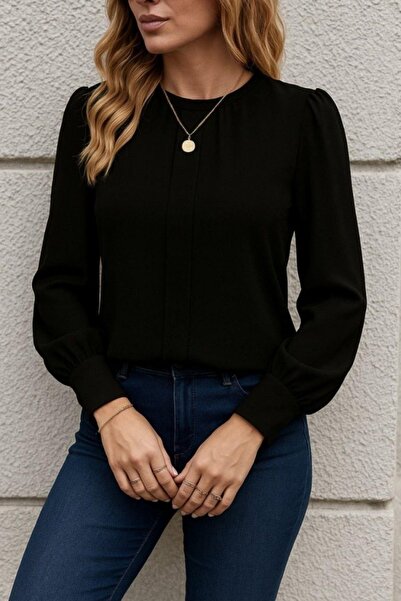 Mossta Crew Neck Pleated Imported Crepe Blouse - Black
