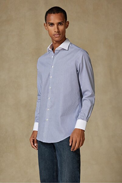 Abbate Grant Non Iron Twill Бавовняна Slim Fit Синя Класична комір Чоловіча смугаста сорочка
