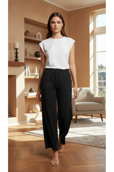 Ozan KOÇ Kadın Beli Lastikli %100 Pamuk Paçası Püsküllü Gabardin Pantolon