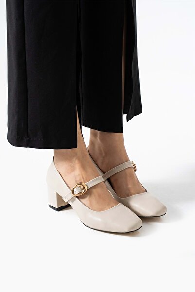 bulutmod حذاء نسائي بيج BA04593 بحزام جلدي وكعب 5 سم - 39