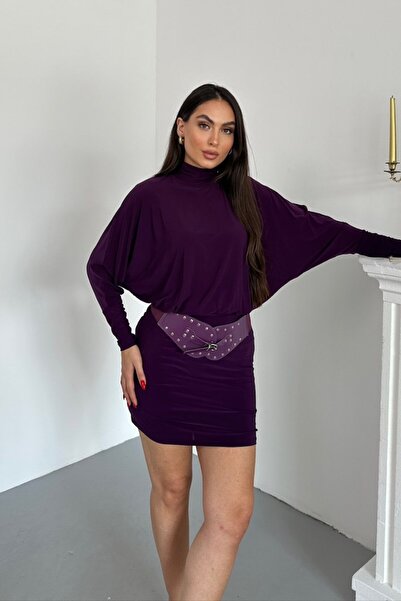 spirituel Rochie de damă mini elegantă, cu centură, cu jumătate de gât roșu, cu mâneci lungi de liliac, rochie drapată Sandy