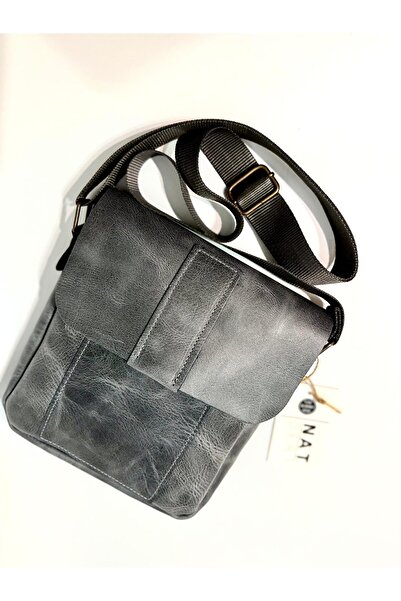natderi Genuine Leather Unisex Shoulder and Messenger Bag - Gray Color with Adjustable Strap 20X25 C