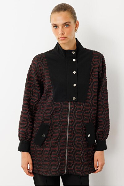 Moda İlgi Modailgi Desenli Gofre Kumaş Yakası Çıtçıtlı Tunik Bordo