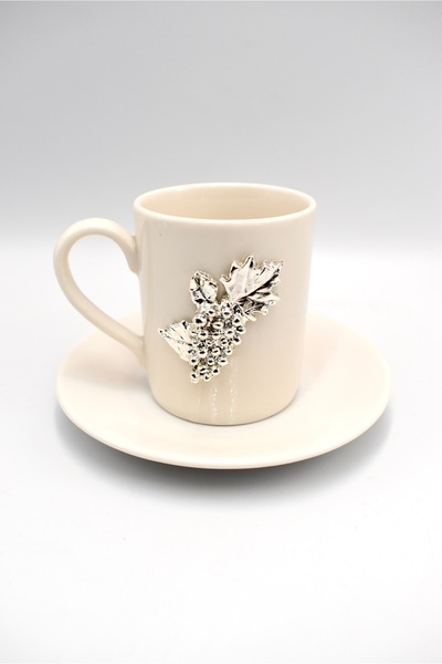 iQey Home Silver Grape Detailed Porcelain Cup Set - for 2 Person