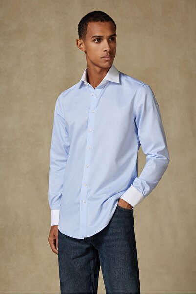 Abbate Grant Non Iron Twill Бавовняна Slim Fit Світло-синя Класичний комір Чоловіча сорочка в смужку