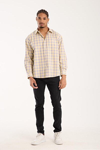 Abbate Ανδρικό καρό πουκάμισο BB Club Rio Oxford Cotton oversized Fit Yellow Classic Collar