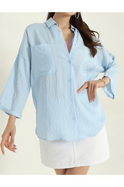 Butik Lena BEBE MAVİSİ ÇİZGİ DOKULU DOKUMA GÖMLEK