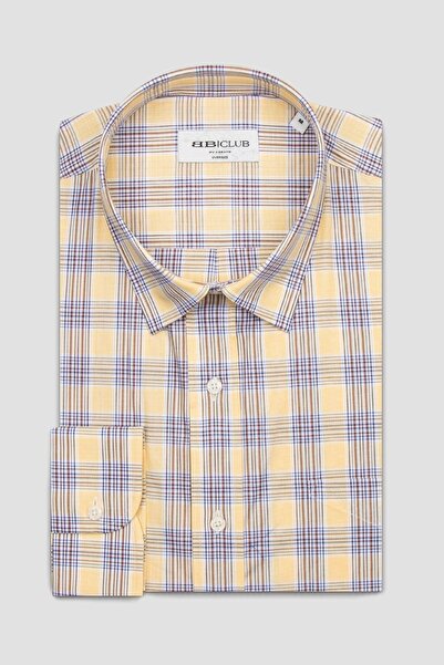 Abbate Ανδρικό καρό πουκάμισο BB Club Rio Oxford Cotton oversized Fit Yellow Classic Collar