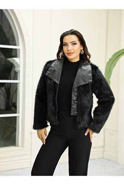 Vegove Kuşgözü Detaylı Geniş Yaka Deri&Kürk