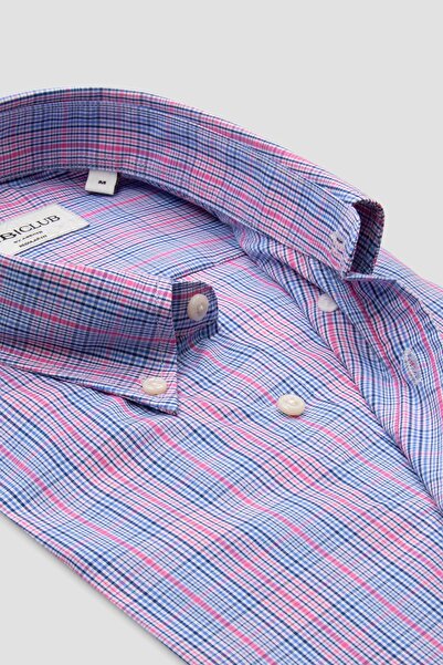 Abbate BB Club Mike Поплин памук Регулярна кройка Синя риза с копчета и яка Мъжка карирана риза