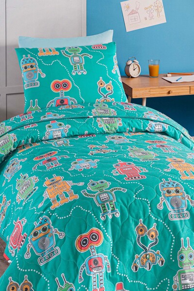 Eponj Home Yatak Örtüsü Seti Tek Kişilik Pamuklu 2 Parça – Roboti Desen – Yeşil / Yumuşak Dokulu