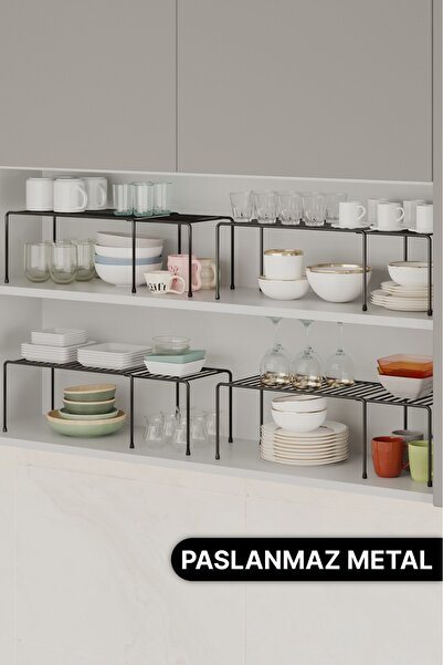 Bino 4 ADET Genişletilebilir Dolap İçi Düzenleyici Raf Organizer Siyah Metal Ayarlanabilir 2 Parçalı
