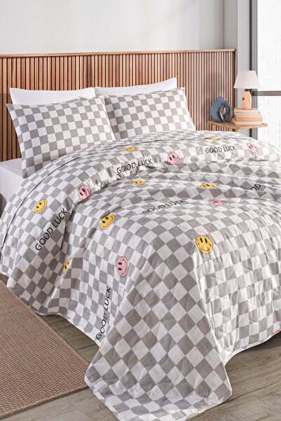 Eponj Home Kapitone Yatak Örtüsü Seti Çift Kişilik Good Luck Gri