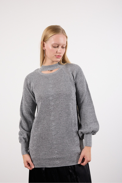 Moda Days Women's Gray Raglan Balloon Sleeve Choker Neck Glitter Knit Sweater