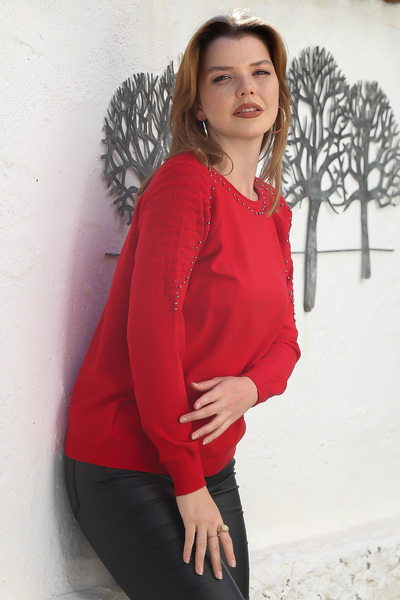 Chiccy Red Pool Collar Long Sleeve Trock Casual Openwork Knit Sweater 65 60