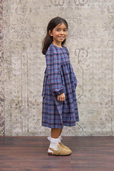 KÜÇÜĞÜM BUTİK Girl's Navy Blue Plaid Long Sleeve Dress