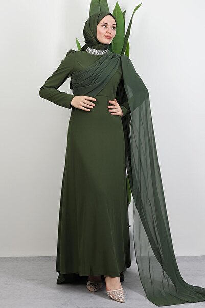 GİYZAMİLA Φόρεμα με πέτρες στο λαιμό χακί