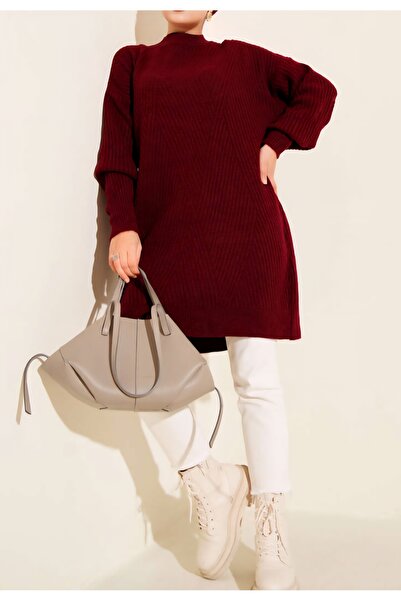 Vaniza Embossed Asymmetrical Striped Knitwear Tunic Sweater