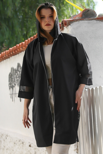 Chiccy Black Hooded Long Sleeve Zippered Thin Mesh Detailed Raincoat Casual Woven Jacket 92 65