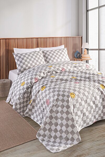 Eponj Home Kapitone Yatak Örtüsü Seti Çift Kişilik Good Luck Gri