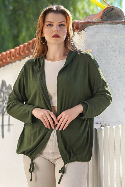 Chiccy Italian Dark Green K Hooded Long Sleeve Casual Knitwear Cardigan with Open Hem and Tie-Up Detail 67 72