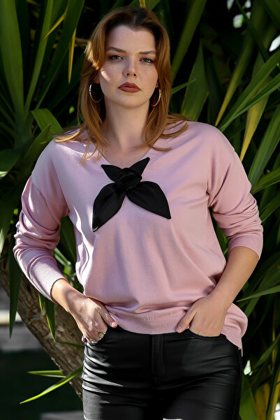 Chiccy Salmon Color V-Neck Long Sleeve Bow Detail Casual Knitwear Sweater 65 60