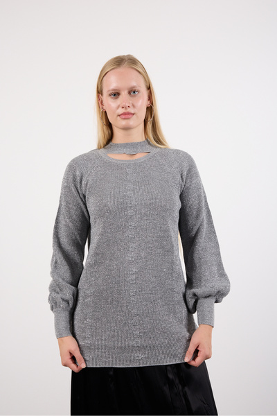 Moda Days Women's Gray Raglan Balloon Sleeve Choker Neck Glitter Knit Sweater