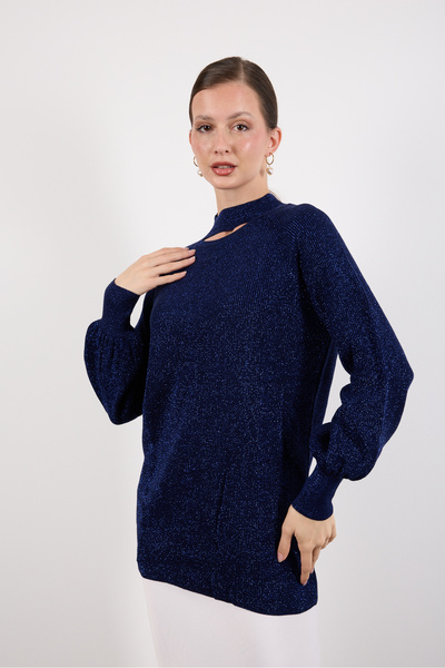 Moda Days Women's Dark Navy Reglan Balloon Sleeve Choker Neck Glitter Knit Sweater