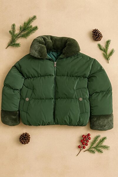 ZERA KIDS Yeni Sezon Crop Model İçi Astarlı Yakası Kürklü, Kız Çocuk Mont