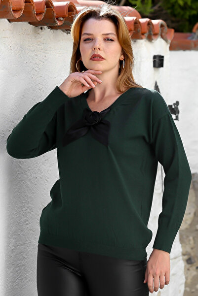 Chiccy Dark Green V-Neck Long Sleeve Bow Detail Casual Knitwear Sweater 65 60