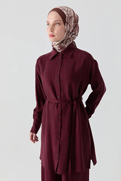 Tuğba Robalı İnce Kemerli Tunik - Bordo