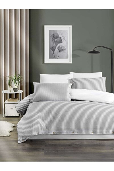 sternen glanz Milan Striped Patterned Wooden Button Accent Piece 100% Cotton Double Duvet Cover Set