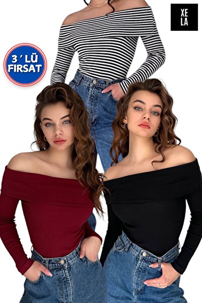 XELA PACHET DE 3 - PULOVER MADONNA CU GULER CU MANELE LUNGHE tricotaj cu stri...