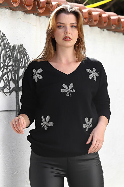 Chiccy Μαύρο πουλόβερ με μακρυμάνικο λαιμόκοψη με φύλλα με χάντρες casual πλεκτό πουλόβερ 65 60