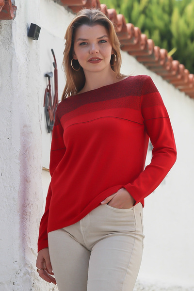 Chiccy Red Boat Neck Long Sleeve Glitter Casual Knit Sweater 65 60