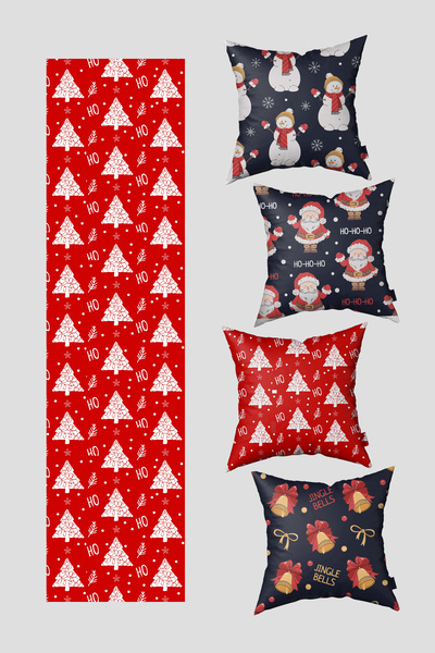 EsnafAli غطاء وسادة عيد الميلاد بتصميم شجرة الصنوبر الخضراء والحمراء وعصا السكر، طقم من 4 أغطية وسائد و1 مفرش