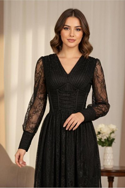 Opera Fashion Black lace evening dress with sheer sleeves and elegant corset design